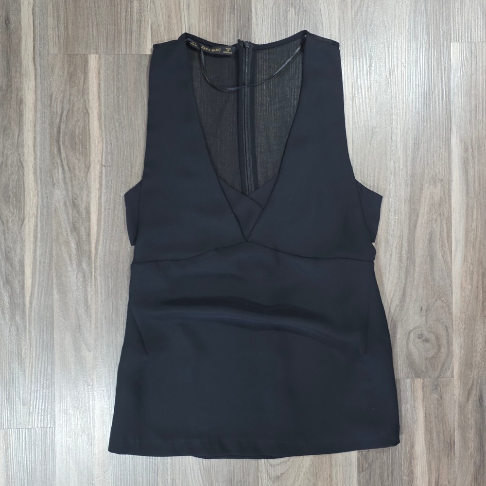 Zara Basic Womens Black Sleeveless V-Neck Mesh Back Blouse Top Small